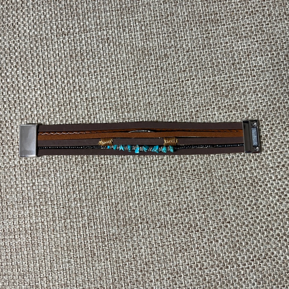 Bracelet, Turquoise& Brown, 7.5”x 1”, NIP, magnetic closure, Unisex, multi strap - Picture 3 of 8